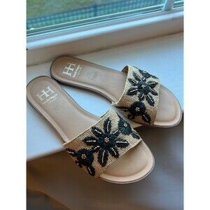 Haute Hippie Black and Tan Floral Raffia Slide Sandals Women’s 7.5